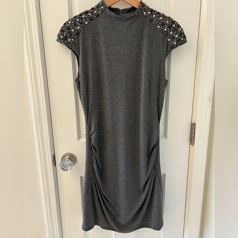 Laundry by Shelli Segal Beaded Gray Ruched Jersey Cocktail Dress -‎ Size 8